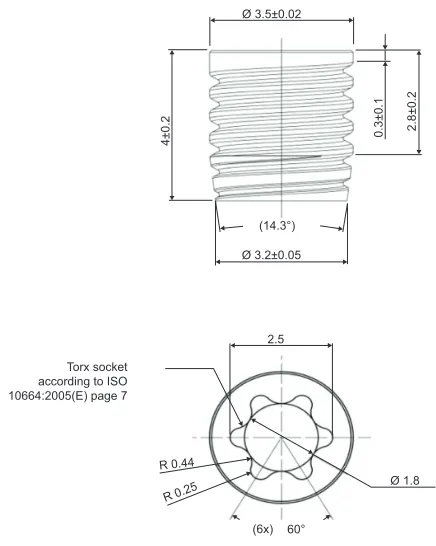 Figure 1 Technical drawing of a PeeK implant.Abbreviations: IsO, International Organization for standardization; PeeK, polyether  ether ketone.