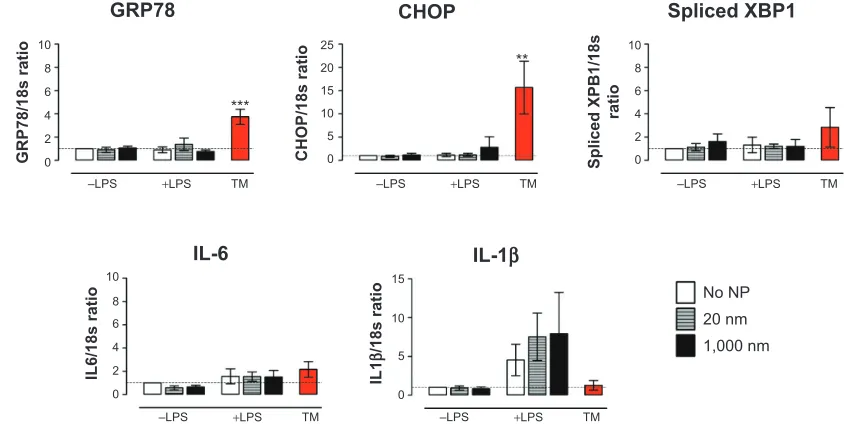Figure 8 Messenger rNa expression level of different markers for endoplasmic reticulum stress measured by real-time-Pcr in BMDcs following Ps-particle exposure.Notes: expression of GRP78, CHOP, and XBP1, as well as pro-inflammatory cytokines IL1-β and Il-6