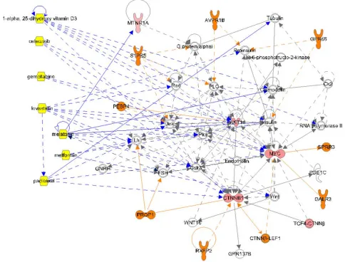 Figure 3: Complex molecular signaling network for osteosarcoma Patient #1. The patient’s molecular profiling results were subjected to Ingenuity® Pathway Analysis to identify therapeutic targets