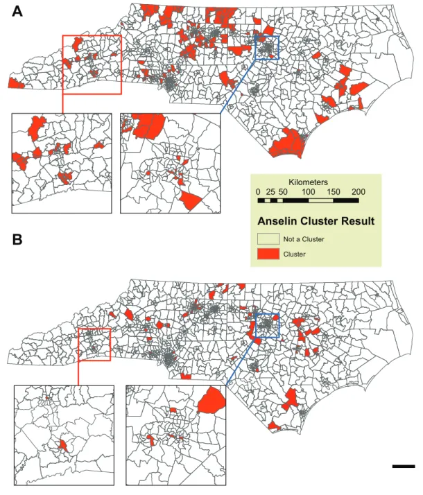 Figure 1. Anselin Local Moran’s I clusters (Filled) for excess, normalized (A) lung cancer and (B) stomach cancer incidence calculated in ArcGIS 10.0.Cases are assigned a 1 status if they within a census tract identified a cluster