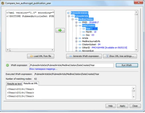 Fig. 2 The XPath configuration pane provides a simple interface for extracting particular data fields from XML files, here publication years from PubMed search results in XML