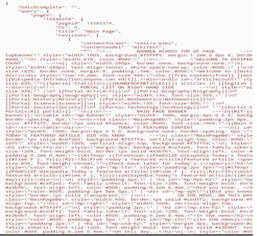 Fig. 1 Represents Wikipedia pages in JSON(JavaScript Object Notation) format [7].It contains terabytes of data and after  downloading it from the website we can do further processing on it