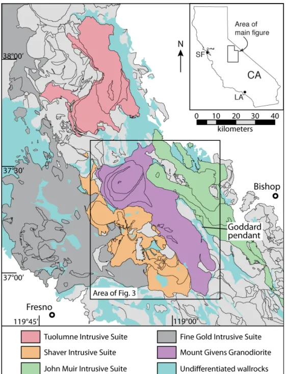 Figure 1. Generalized geologic map of the central Sierra Nevada, CA. Plutons not assigned  to major intrusive suites shown in light gray