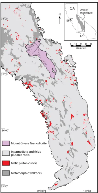 Figure 7. Generalized map of the central and southern Sierra Nevada batholith showing the  distribution of mafic plutonic rocks relative to intermediate and felsic plutonic rocks