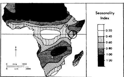 Figure 2.2.:  Seasonality index for sub-Saharan Africa (Kenya within the circle). 