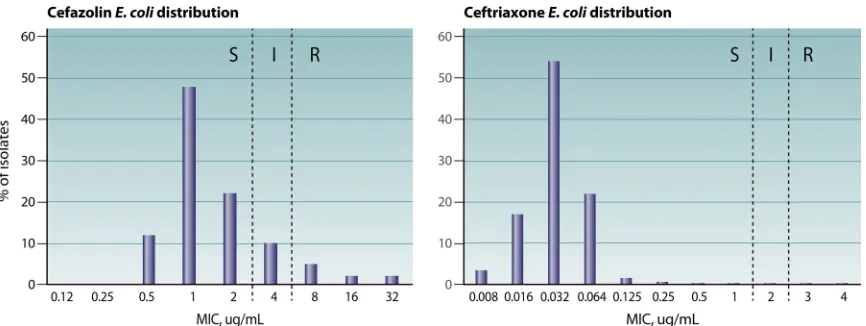 FIG 1 Cefazolin (left) and ceftriaxone (right) MIC distributions for.jsp?actionexpected to be lower for cefazolin, because the breakpoints bisect the wild-type MIC distribution