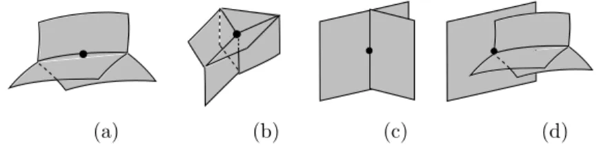Figure 6. Generic local forms for the boundaries where adjoin- adjoin-ing regions in R 3 meet: a) P 2 and b) P 3 represent the boundaries of several flexible regions meeting, including possibly the exterior region