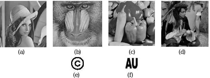 Fig. 8. The test images (a) Lena (b) mandrill (c) pepper (d) man (e) watermark logo, WM1 (f) binary watermark logo, WM2  