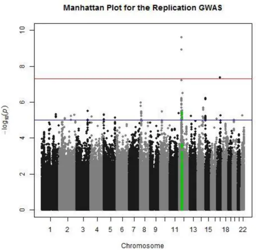 Figure 2.4: Manhattan Plot of the –log 10 (p-values) of the replication IPD GWAS. SNPs in the  LRRK2 region are in green