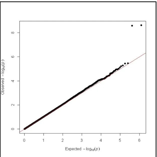 Figure 3.2: Quantile-quantile plot of the observed vs. the expected distribution of p-values for the  dystonia GWAS.