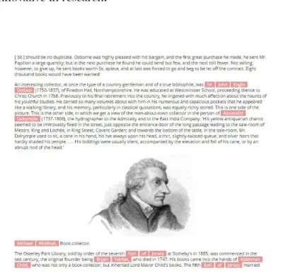 Figure 1. A screenshot from the Book-hunter web site. Page 56 of the book with semantically enhanced entities  highlighted