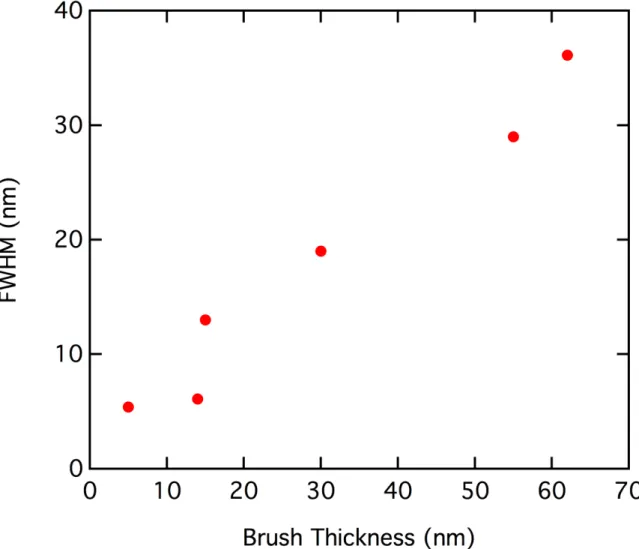 Figure 3.11: Full-width-at-half-maximum of brush height distribution vs. brush thickness.