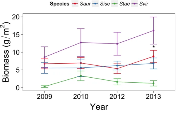 Figure 2.2: Mean Biomass (± 95% confidence interval) by class size for four species of  parrotfish across 16 reefs from 2009 to 2013