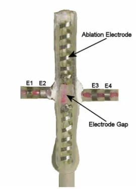 Figure 4.1  Five cm ablation probe with silicone gap. Helical stainless steel coil was used for ablation, while  stainless steel ring electrodes were used to deliver bipolar pacing and record bipolar electrograms