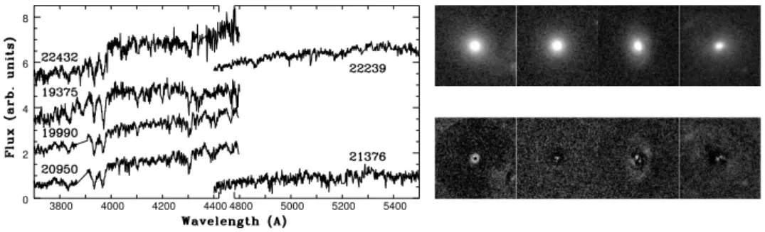 Figure 3.1: Left: Unsmoothed rest-frame spectra of the six objects with velocity dispersions.