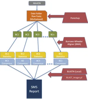 FIG 1 ASFV real-time analysis software tool. Flowchart showing the operation and data ﬂow through thereal-time analysis tool for processing raw sequencing data (.fastq) and the steps for result and reportgeneration
