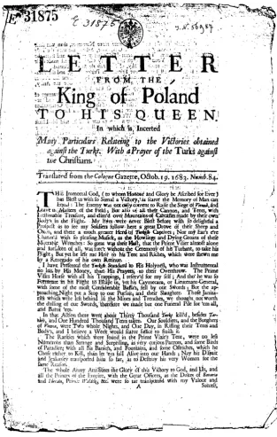 Figure 1: An English abridged translation of a letter of John III Sobieski, King of Poland and Grand Duke of Lithuania, tohis wife on the Battle of Vienna (see http://cbdu.id.uw.edu.pl/10120/).