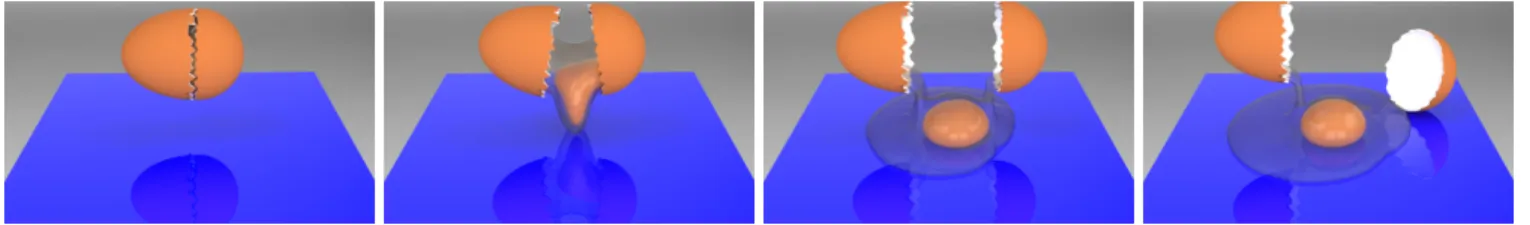 Fig. 12: A simulated egg white and egg yolk flow out of the broken shell of a cracked egg, onto a plane, using our versatile approach to handling interactions at interfaces.
