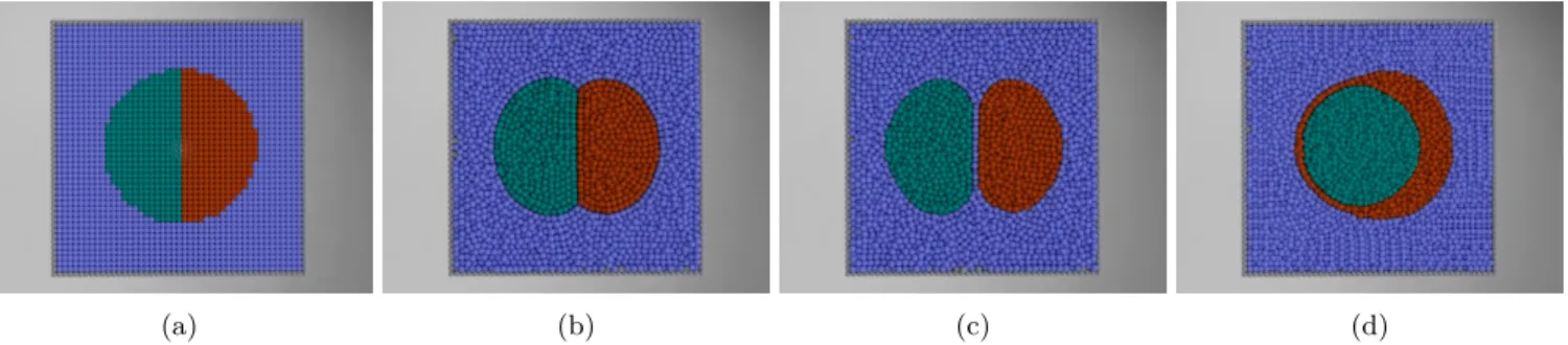 Fig. 4: PF-SPH model for three fluids: 1 (blue), 2 (red), and 3 (green) shown on a cross-sectional plane