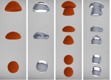 Fig. 8: Bubbles rising in liquids. Bottom to top: three stages of a bubble rising. Left, center left: particle view and rendered view of a single bubble rising; note how the bubble deforms as it rises