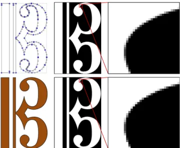 Figure 1: (Top left) The piece-wise anti-aliased cubic curve used as input. (Bottom Left) The final rendered curve