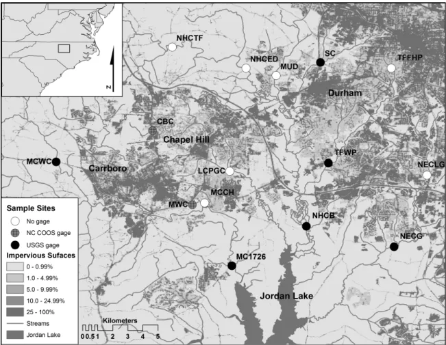 Figure 2.1. Study area showing sampling points along tributaries of Jordan Lake,  N.C