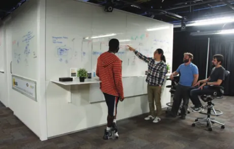 Figure 6. Multipurpose work space. The outside wall of the interaction  room consists of a whiteboard wall and wall-mounted drop-leaf tables  that enable group discussions, debriefings, or other uses.