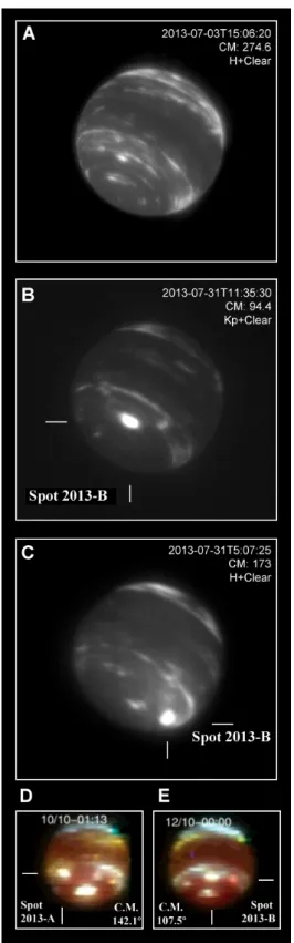 Figure 2: Large bright features on Neptune in 2013. Keck II (panels A, B and C) and VLT  images (panels D and E) of Neptune on different dates in 2013