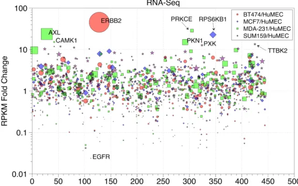 Figure 2.4. Scatterplot of Cancer Cell Line Kinase RPKM Fold Changes Relative  to HuMECs