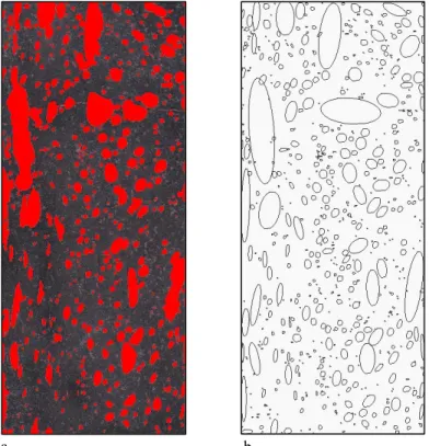 Figure 6 The method for determination of vesicle dimensions, (a) scanned and color thresholded image of  sample HL-2 with dyed gypsum-filled vesicles in red, and (b) drawing of best fit ellipses determined by  ImageJ that were used to calculate mean major 