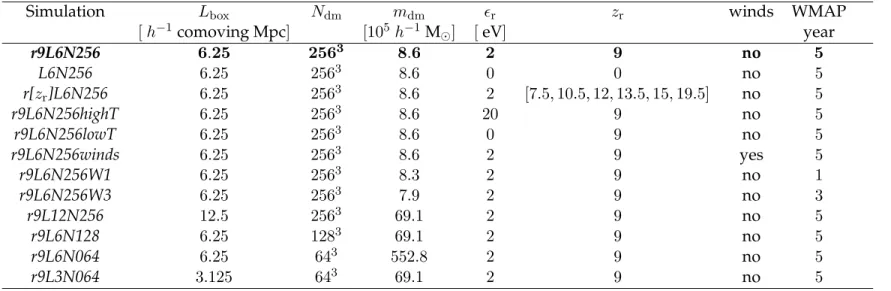 Table 2.1: Simulation parameters: comoving size of the simulation box, L box (default value: 6.25 h −1 Mpc); number of DM particles, N dm (default value: 256 3 ); mass of dark matter particles, m dm (default value: 8.6 × 10 5 h −1 M ⊙ ); additional reheati