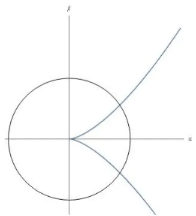 Figure 2.1: Schematic representation of C 2 in a 2-dimensional plane showing the 3-sphere (circle) and the zero set of the polynomial (cusp)