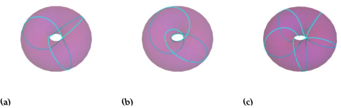 Figure 2.2: Parametric plots of the (a),(b) trefoil and (c) cinquefoil knots embed- embed-ded on the standard torus with corresponding ( p, q ) pairs equal to: (a) ( 2, 3 ) ; the curve wraps twice along the long way around the torus (toriodal direction) an