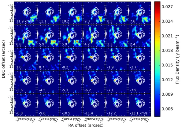 Fig. B.1. SiO channel map. The white contours indicate the 48 GHz continuum, consistent with previous figures, and the colour scale shows the SiO emission starting at 3σ.