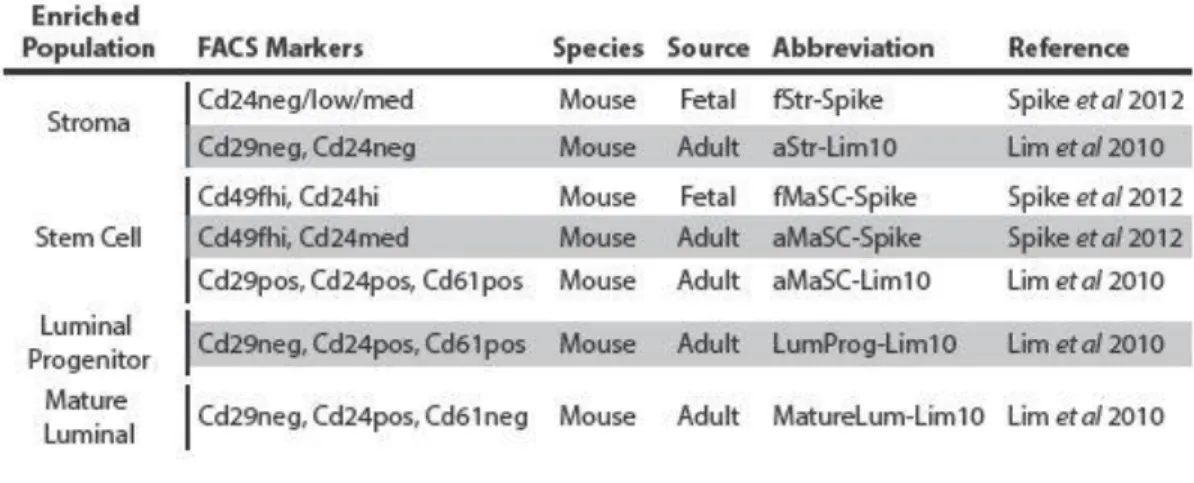 Table 5: Murine FACS enriched normal mammary cell subpopulation studies 