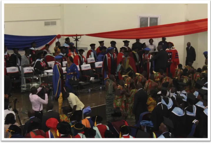 Figure 10. Commencement Ceremony at the University of Education, Winneba. 11.29.2014   Besides being seated by the marching band, and not knowing exactly what was about to  happen, this was an extremely interesting experience which helped me to gain some i