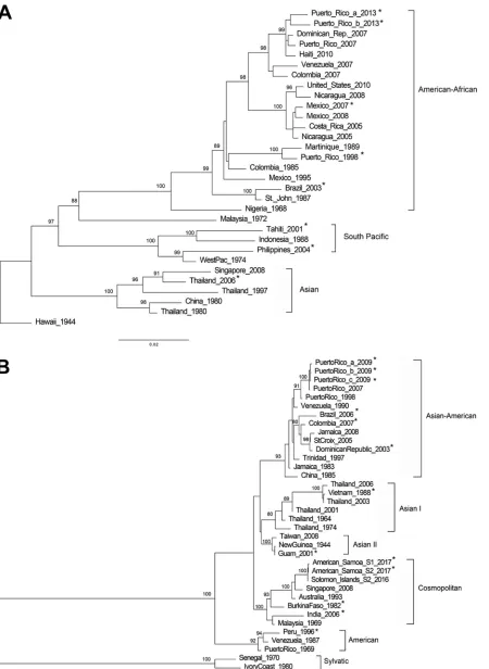 FIG 1 Genotyping DENV using E gene sequence. Phylogenetic reconstruction was used to determine DENV genotypes by the maximum-likelihood method based on the Tamura-Nei model of nucleotide substitution