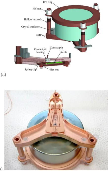Figure 1.4: (a) A conceptual drawing of the Demonstrator detector unit. (b) Picture of an assembled detector unit with LMFE visible on top.