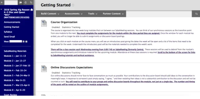 Figure 3.3.  The Blackboard home screen.  Student options are displayed in the blue panel on  the right of the page