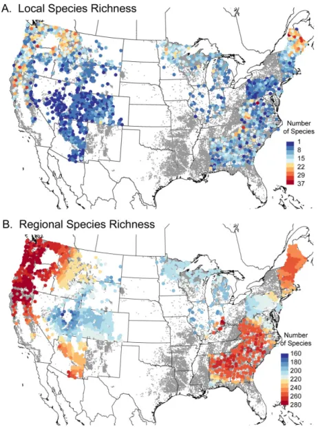Figure 1 Map of lichen species richness in 1923 forest plots. Plot locations are indicated by circles which are coloured/shaded (a colour version is available online) by the number of macrolichen species on a plot (a, local richness) or the number of speci