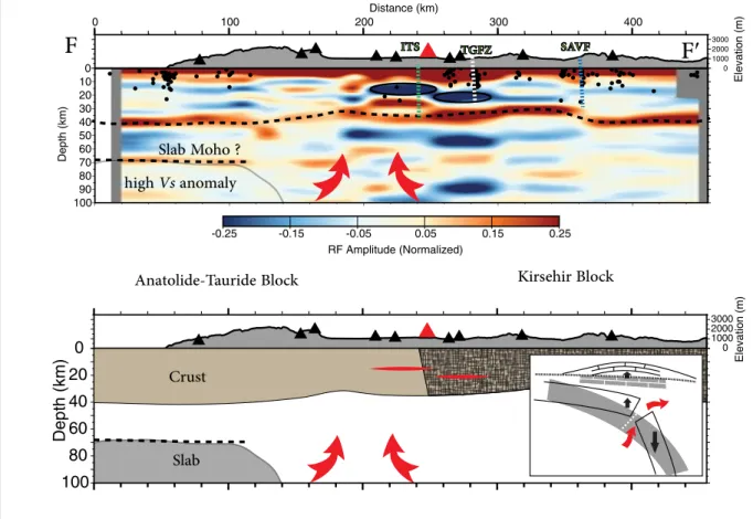 Figure 8. Common conversion point (CCP)  stack cutting through Taurus Mountains  and CAVP (transect F-F′ shown in the  lo-cation map of Fig