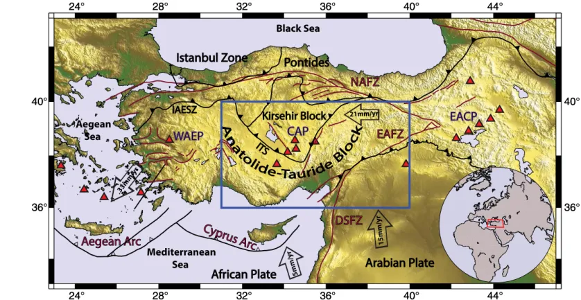 Figure 1. Tectonic map of Turkey and vicinity showing active faults (simplified after Bozkurt, 2001), terranes or blocks, and bounding sutures (after Okay and Tuysuz, 1999)
