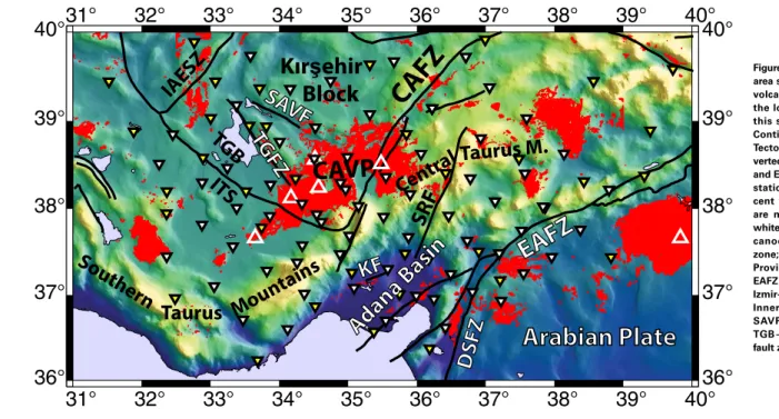 Figure 2. The topographic map of the study  area showing key tectonic features (young  volcanism, faults, and suture zones) and  the location of seismic stations used in  this study