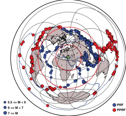 Figure 3. Global distribution of events used in our receiver function analysis. Blue circles rep- rep-resent events used for P-wave receiver functions (30°–95° epicentral distances) and red circles  represent events used for PP receiver functions (>95° 