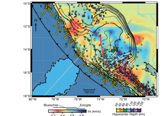 Figure 6. Comparison of subducted oce- oce-anic Moho slab contours and replotted  surface-wave tomography at 75 km depth  from Antonijevic et al