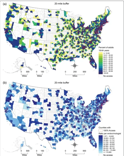 Fig. 5 Endocrinologist accessibility for adults aged 18–64 years by US county, 2012. (a) Percentage of adults aged 18–64 years who had access toat least one endocrinologist with 20 miles