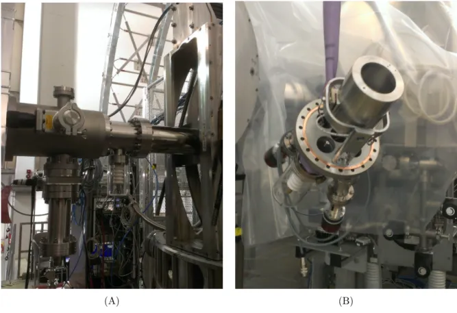 Figure 4.3: (A) External view of the commissioning EGun. To the right is the main spectrometer.