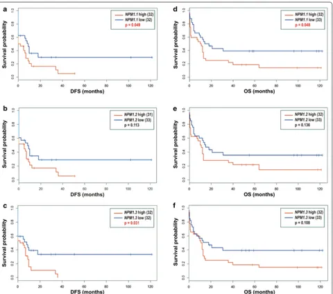 Fig. 4 Disease free survival (DFS) (a–c) and overall survival (OS) (d–f) of 66 leukemia patients divided according to the level of NPM1.1 (a, d), NPM1.2 (b, e) and NPM1.3 (c, f) transcripts
