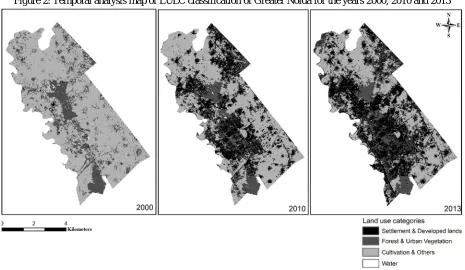 Table 2: Table showing the change in the LULC of Greater Noida between 2000, 2010 and 2013 (Area in sq.km and Percentage) Change in the Land use/Land cover between 2000,2010 & 2013 for Greater Noida 