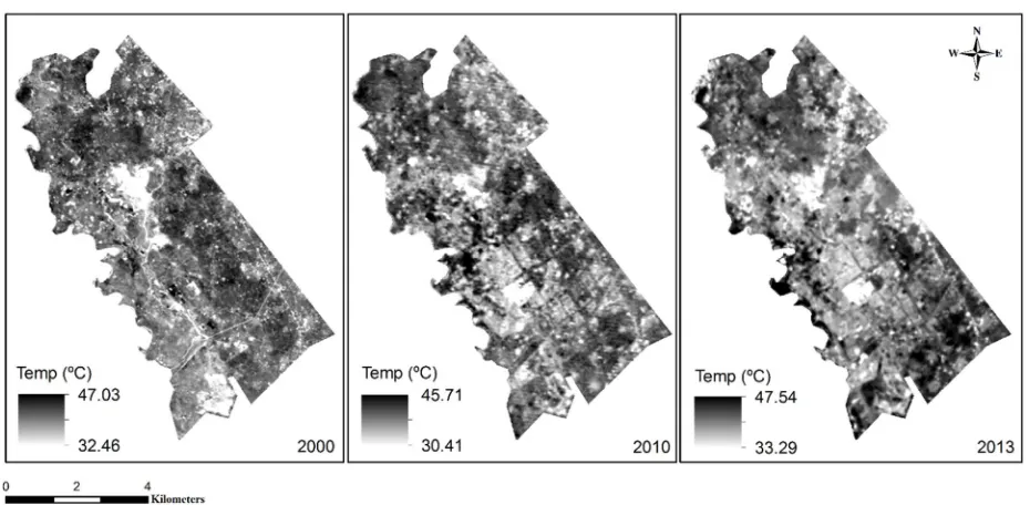 Figure 3: Temporal analysis map of LST of Greater Noida for the years 2000, 2010 and 2013 